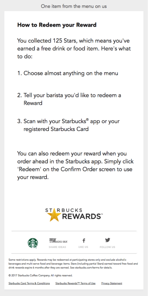 Description: starbucks loyalty/reward email
