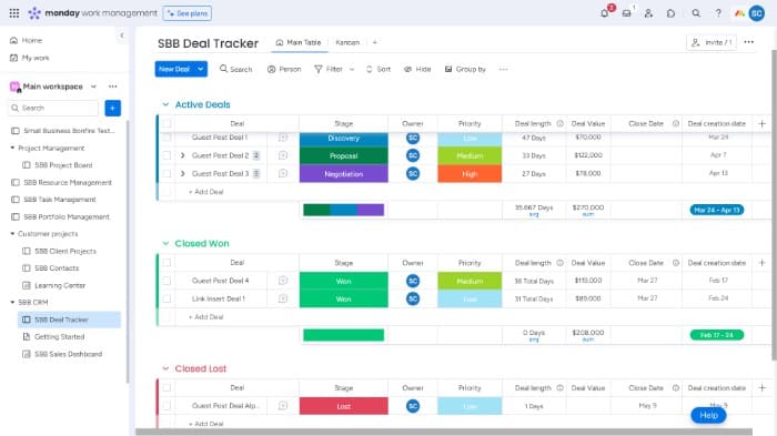 Monday Work Management Review - Deal Tracker