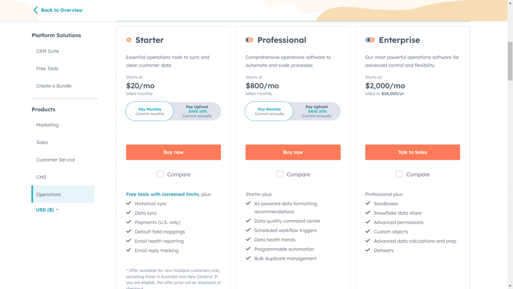 hubSpot operations hub review - pricing