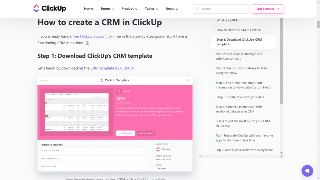 clickup review - crm template