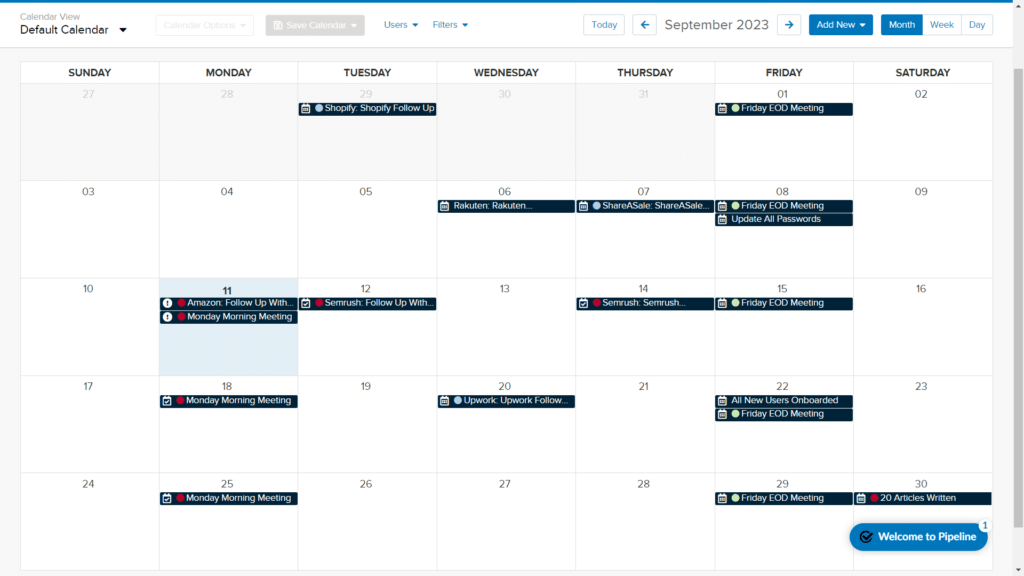 Pipeline CRM Pricing - Calendar View