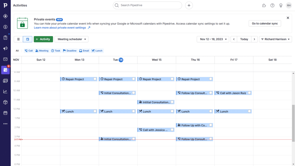 Best CRM For Financial Advisors - Pipedrive Calendar View